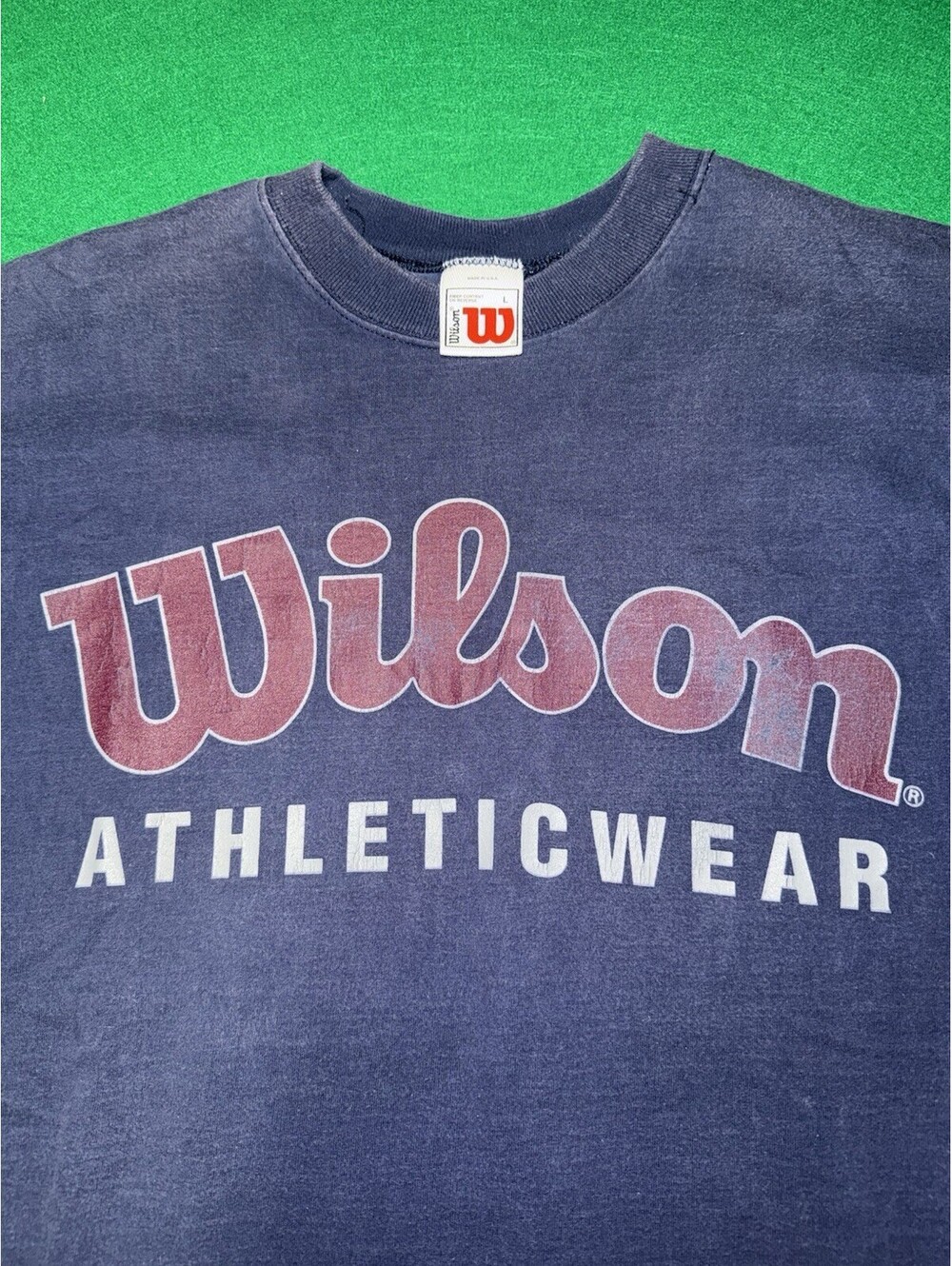 Vintage 80s 90s Wilson Athleticwear T Shirt Spellout Navy Blue Made in USA Large - Picture 2 of 16